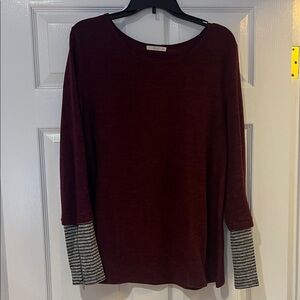 Le Lis Maroon Long Sleeve Knit Top with Striped Cuffs